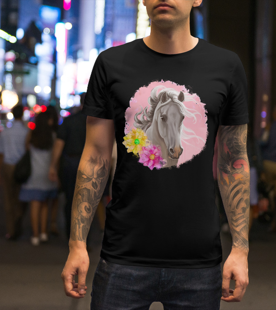 Gorgeous Horse With Vibrant Flowers On Pink Background T-Shirt