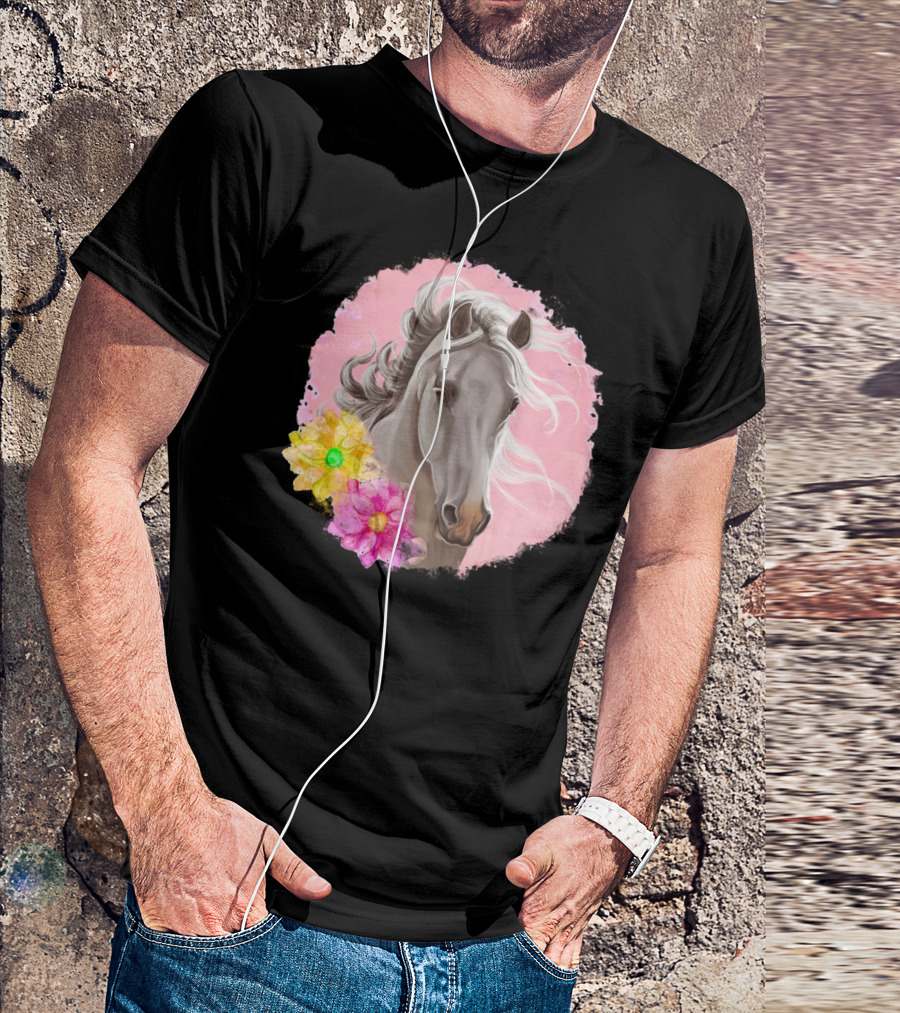 Gorgeous Horse With Vibrant Flowers On Pink Background T-Shirt