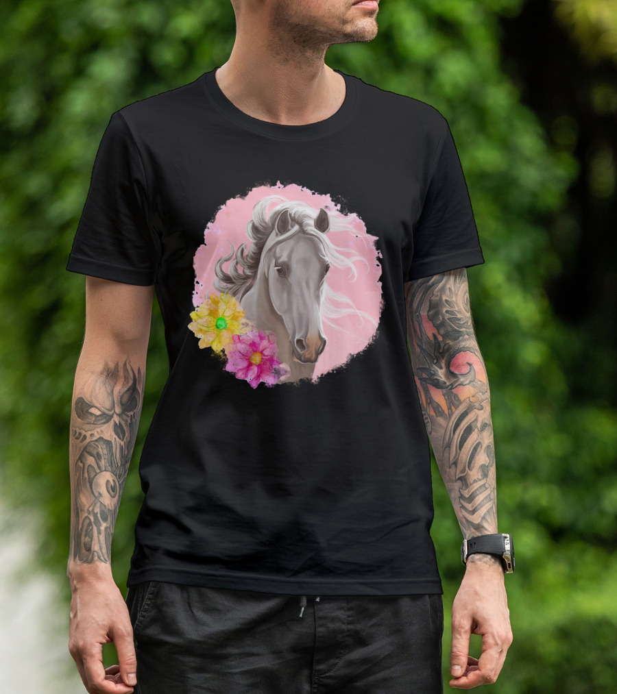 Gorgeous Horse With Vibrant Flowers On Pink Background T-Shirt