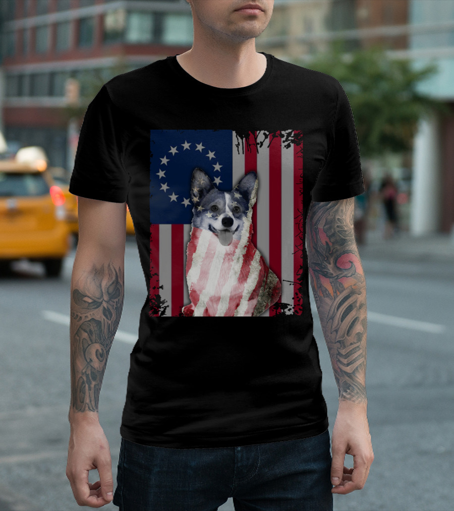 Corgi Betsy Ross US American Flag Costume with Stars and Stripes Background T-Shirt