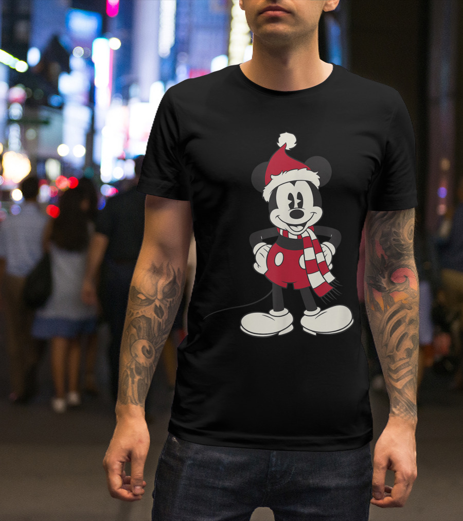Disney Mickey Mouse Christmas Santa Hat And Scarf T-Shirt