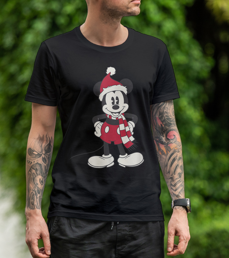 Disney Mickey Mouse Christmas Santa Hat And Scarf T-Shirt