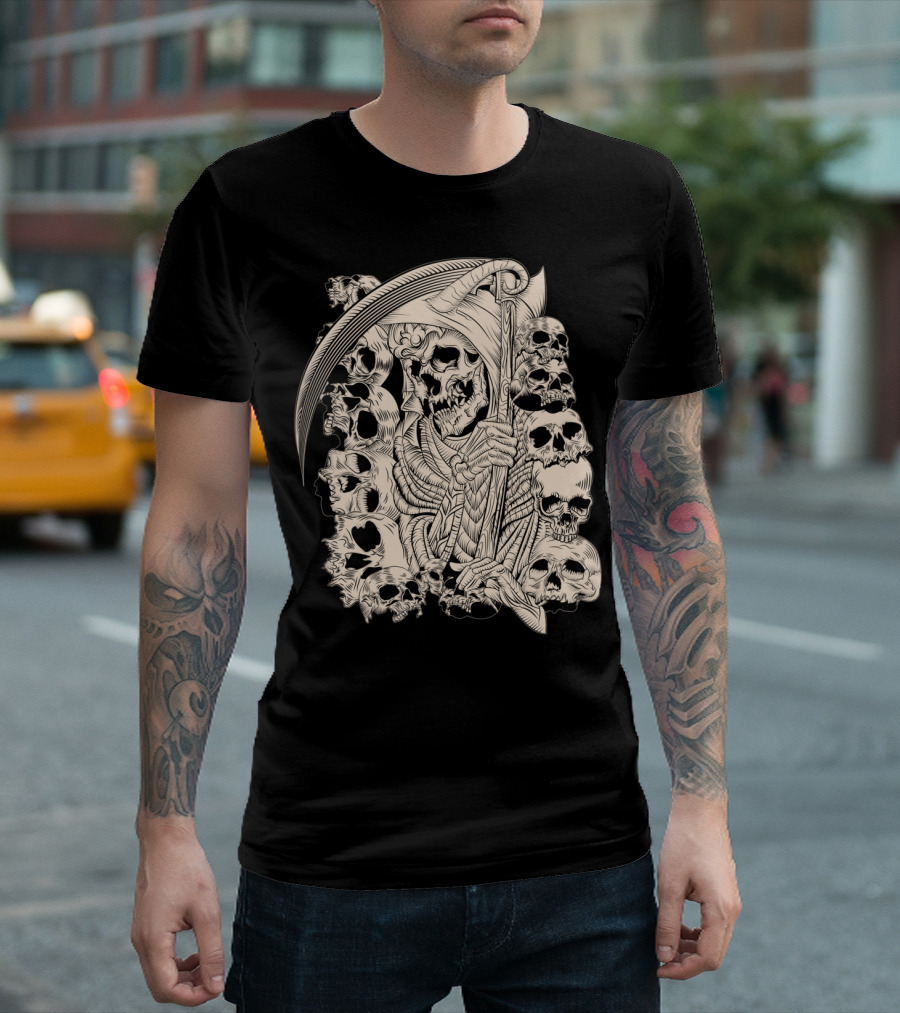 Grim Reaper Skull Scythe Classic Ink Drawing T-Shirt