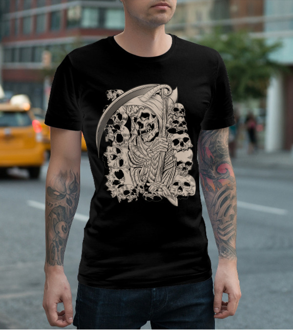 Grim Reaper Skull Scythe Classic Ink Drawing T-Shirt