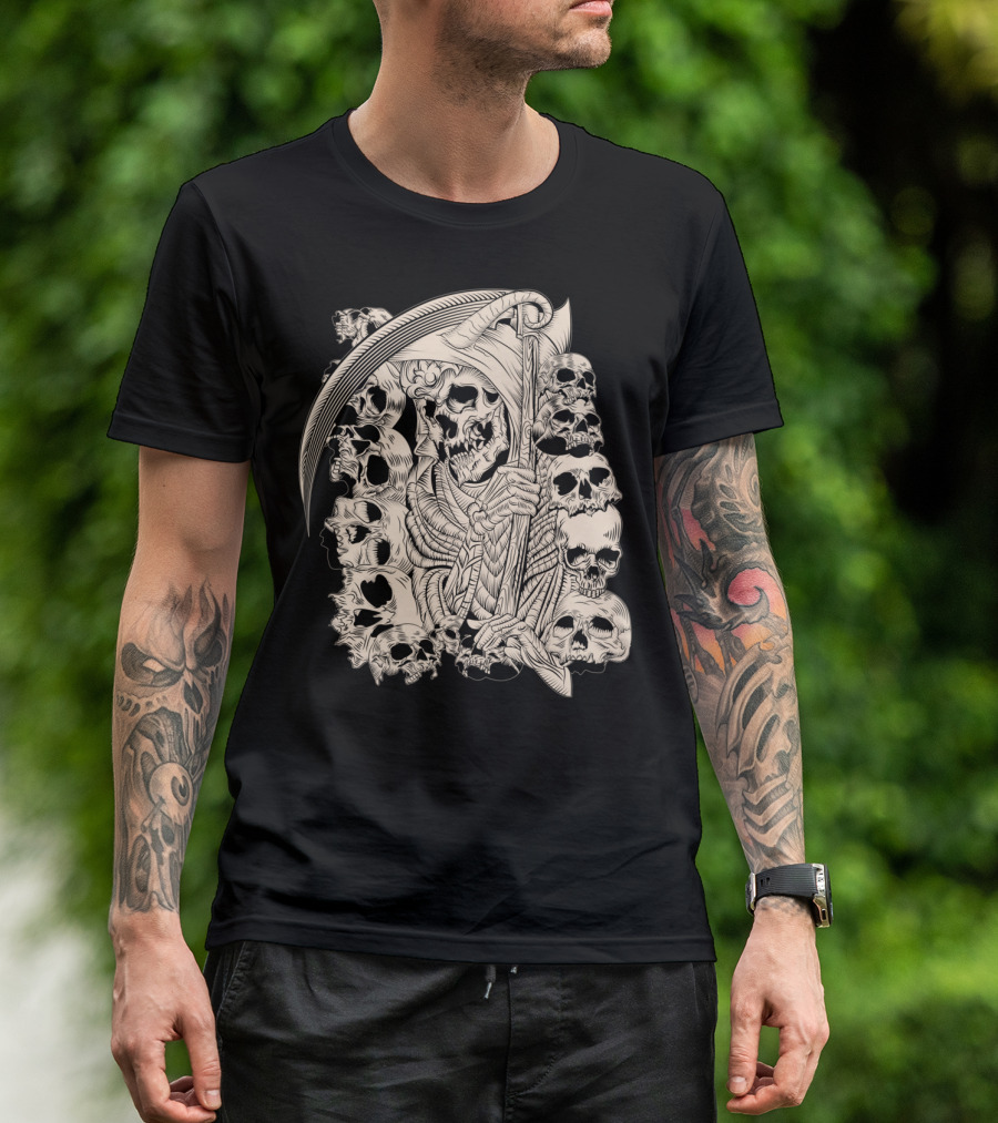 Grim Reaper Skull Scythe Classic Ink Drawing T-Shirt