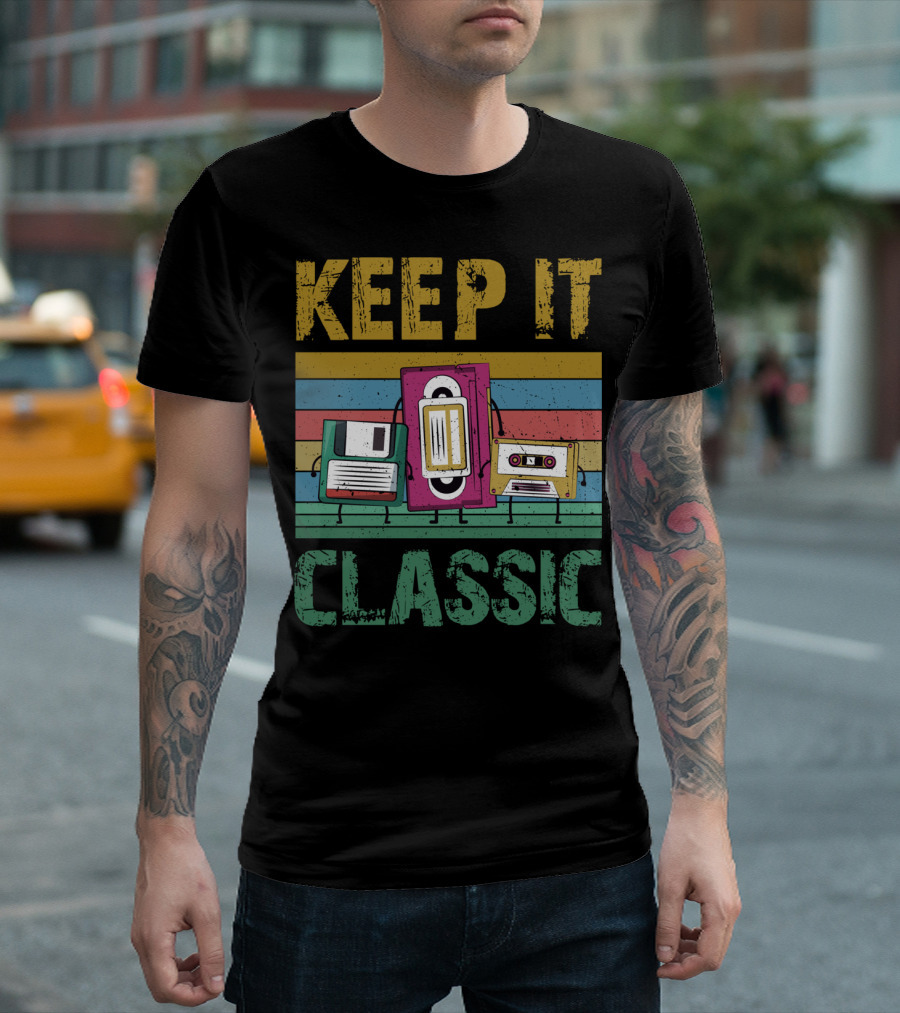 Keep It Classic Old 90s Technology Floppy VHS Retro Stripes T-Shirt