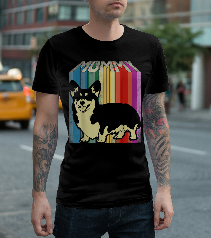 MOMMY Corgi Dog Vintage Rainbow Stripes T-Shirt