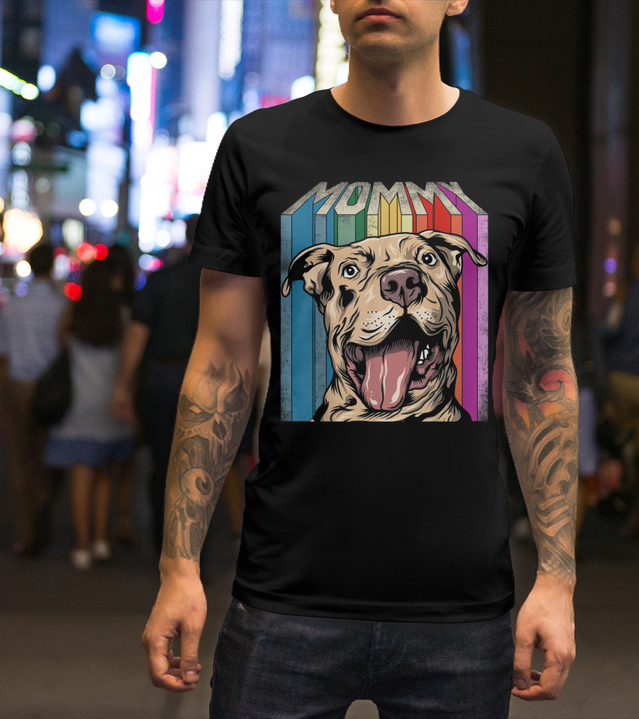 Mommy Pitbull Dog Retro Colorful Stripes T-Shirt