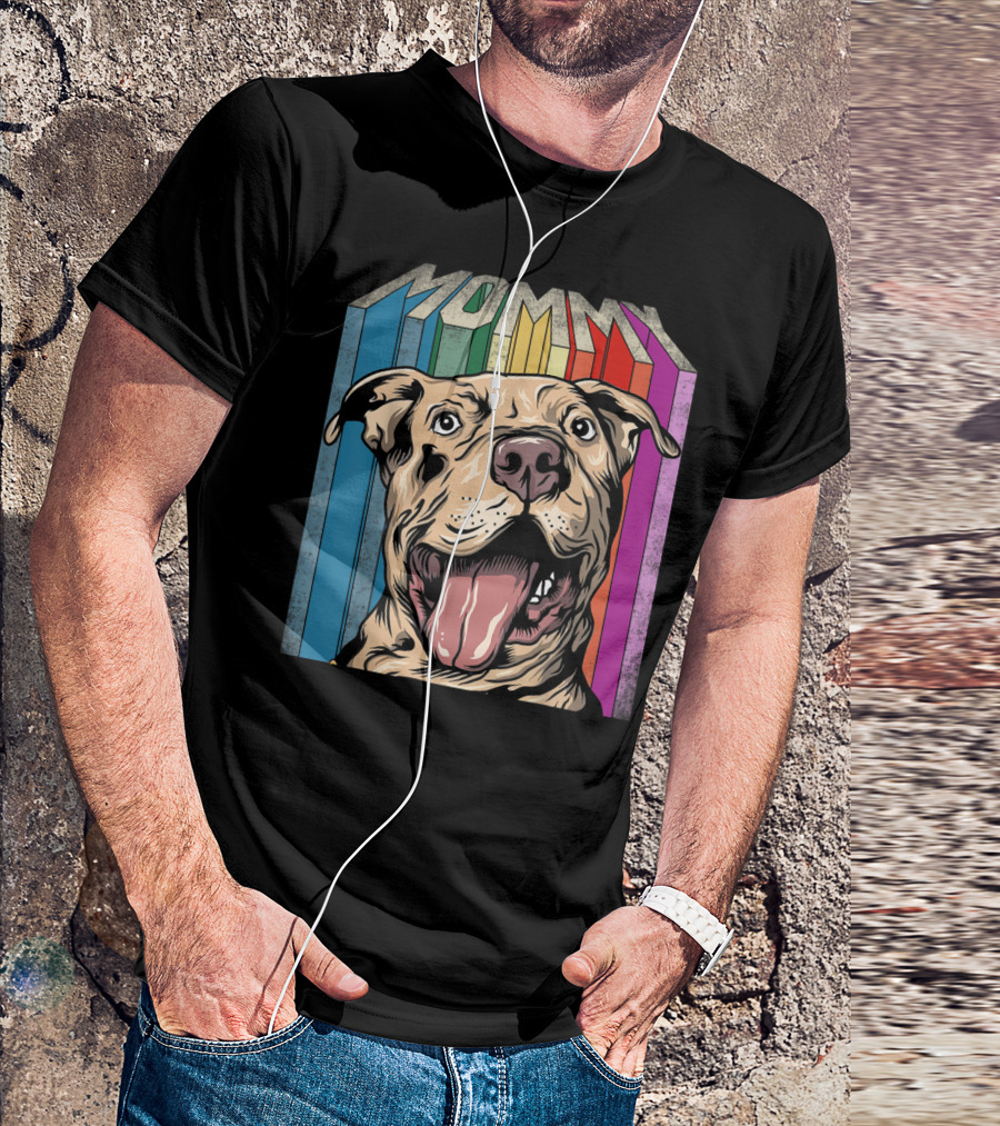 Mommy Pitbull Dog Retro Colorful Stripes T-Shirt
