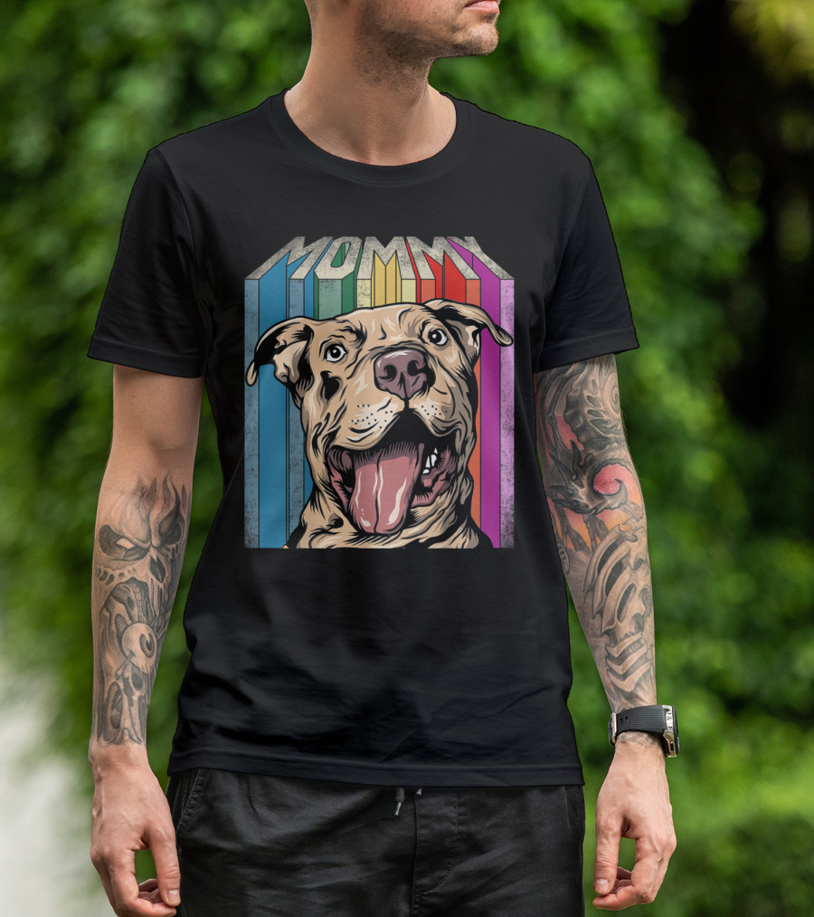 Mommy Pitbull Dog Retro Colorful Stripes T-Shirt