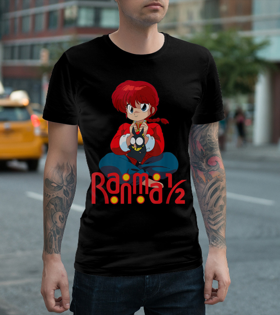 Ranma 1/2 Classic Anime Character Sitting with Black Cat T-Shirt