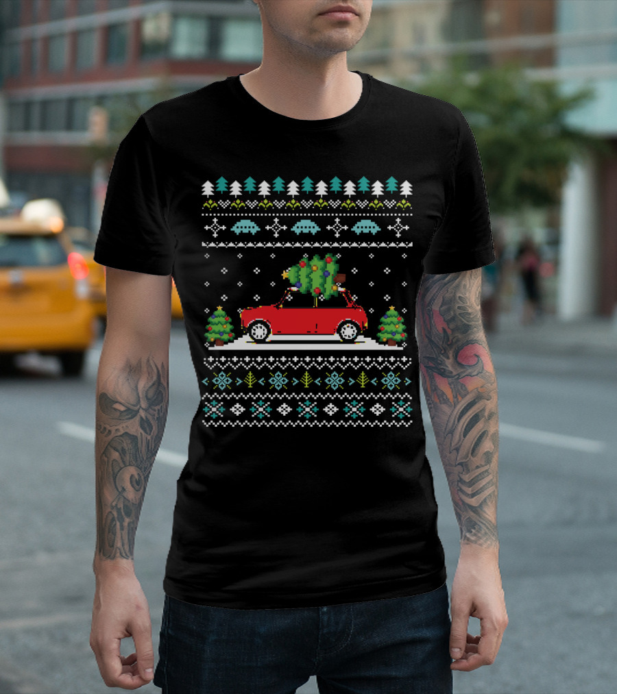Retro Red Car Christmas Tree Pixel Art Holiday T-Shirt