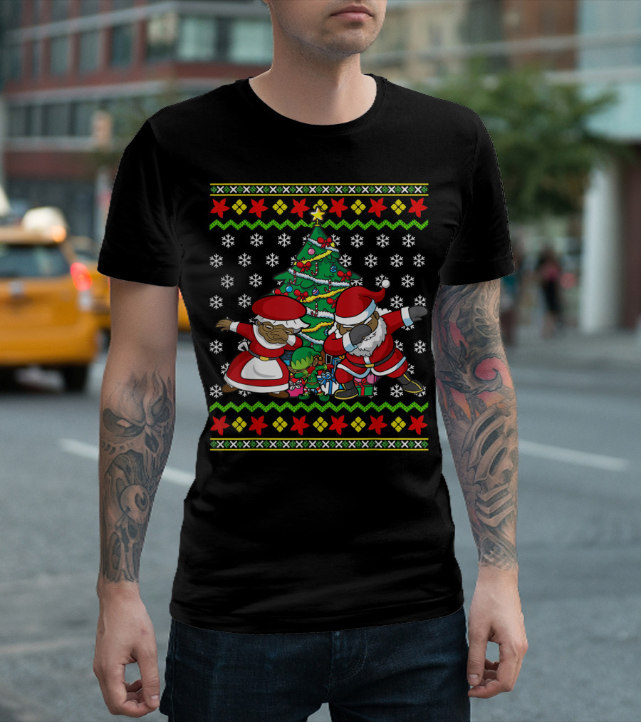 African American Dabbing Santa Mrs Claus Christmas Tree Snowflakes T-Shirt