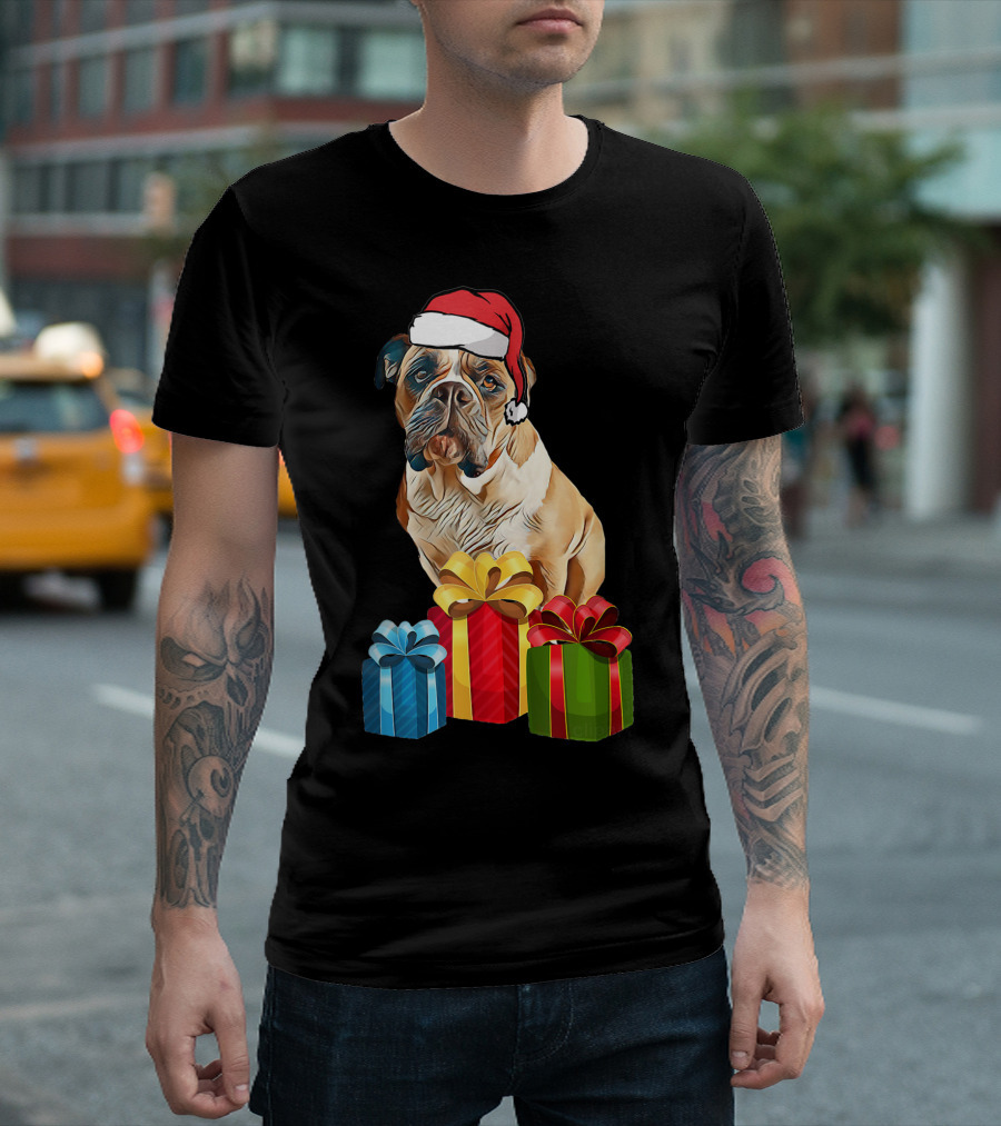 Bulldog With Santa Hat And Holiday Gifts T-Shirt