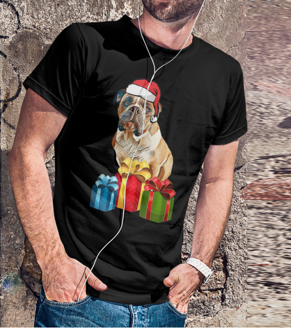 Bulldog With Santa Hat And Holiday Gifts T-Shirt