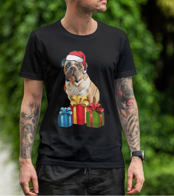 Bulldog With Santa Hat And Holiday Gifts T-Shirt