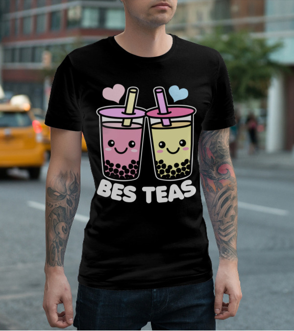 Bes Teas Cute Kawaii Boba Drinks Pink Yellow Hearts T-Shirt