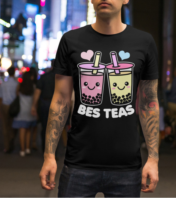 Bes Teas Cute Kawaii Boba Drinks Pink Yellow Hearts T-Shirt