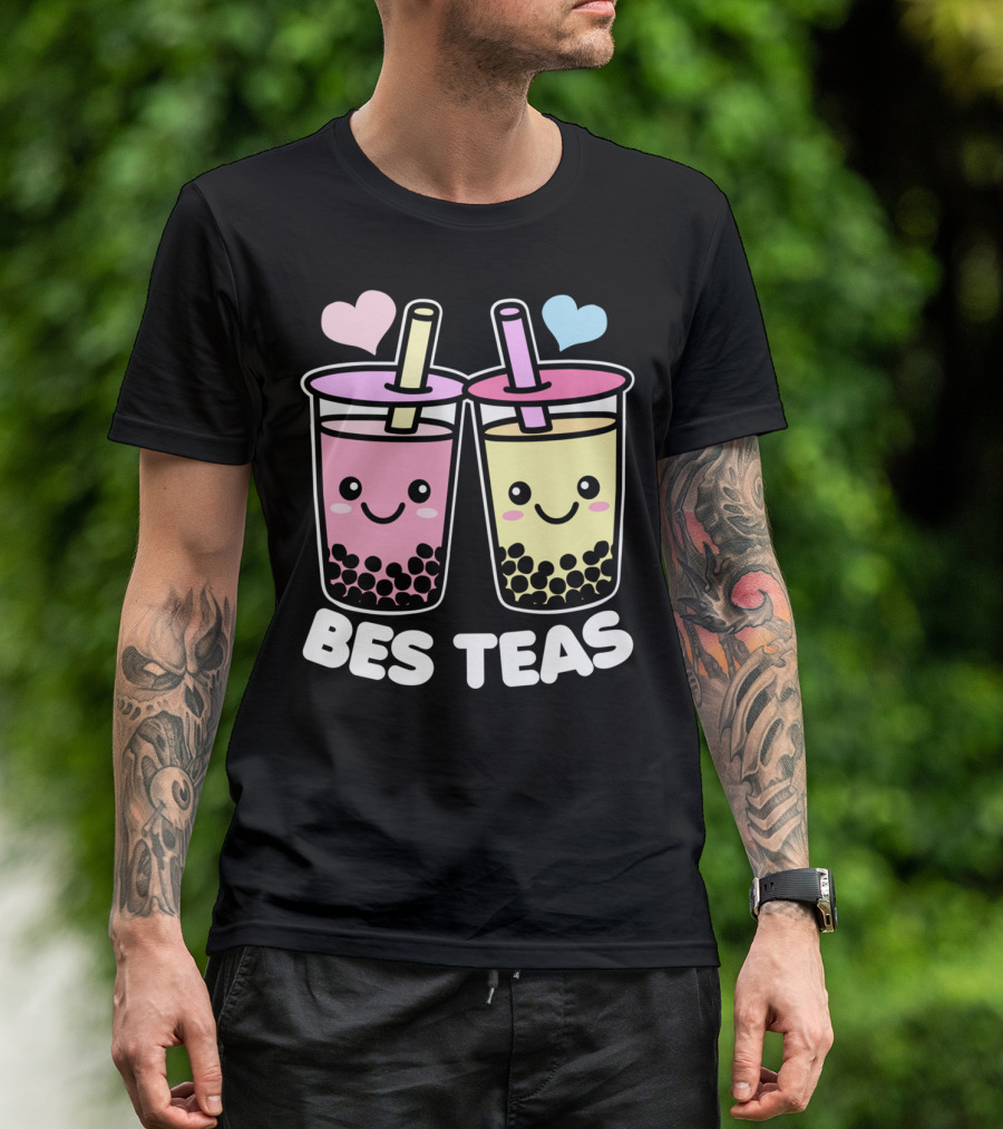 Bes Teas Cute Kawaii Boba Drinks Pink Yellow Hearts T-Shirt