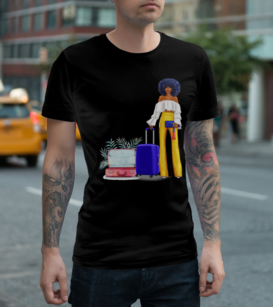 Black Woman Catch Flights Not Feelings Luggage Curls Yellow Pants Fashion T-Shirt