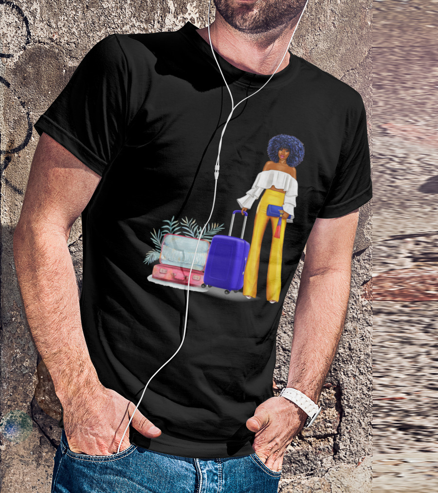 Black Woman Catch Flights Not Feelings Luggage Curls Yellow Pants Fashion T-Shirt