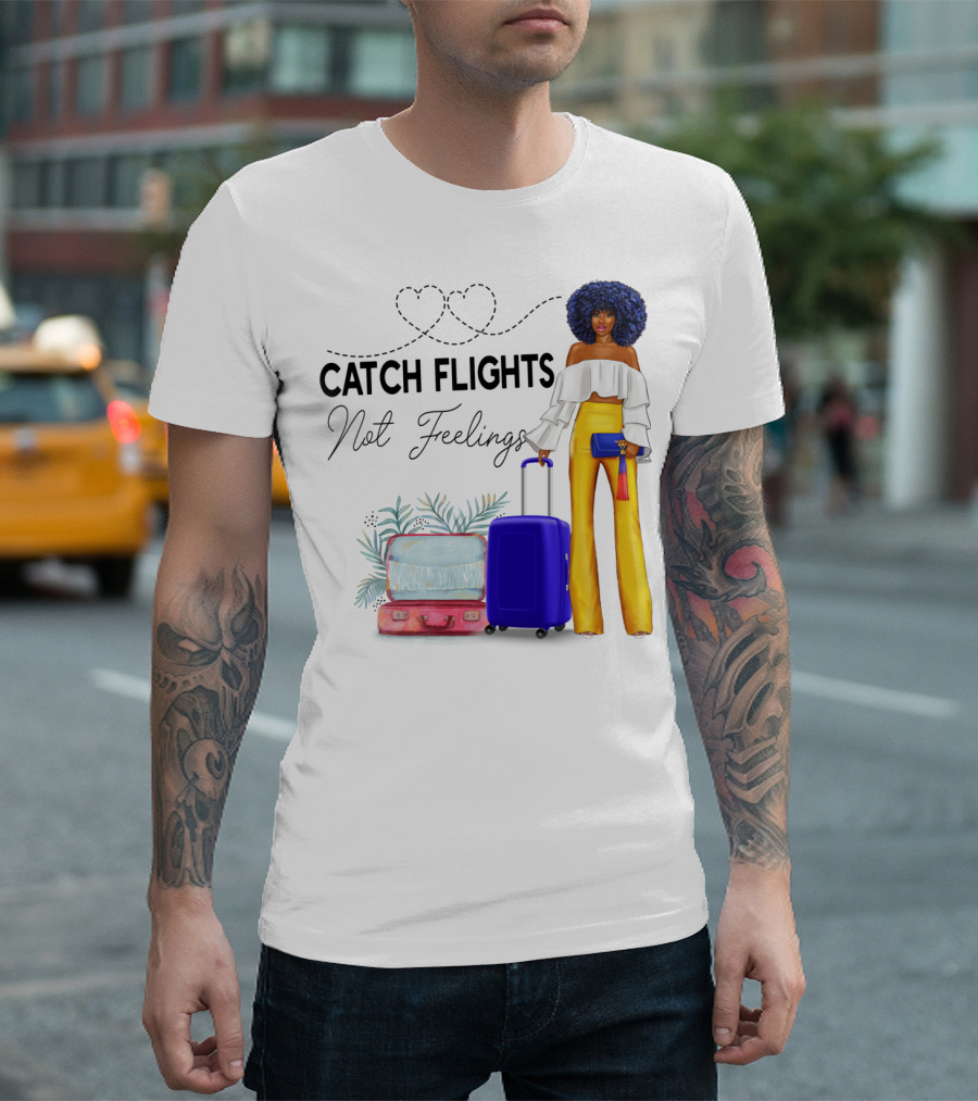 Black Woman Catch Flights Not Feelings Luggage Curls Yellow Pants Fashion T-Shirt