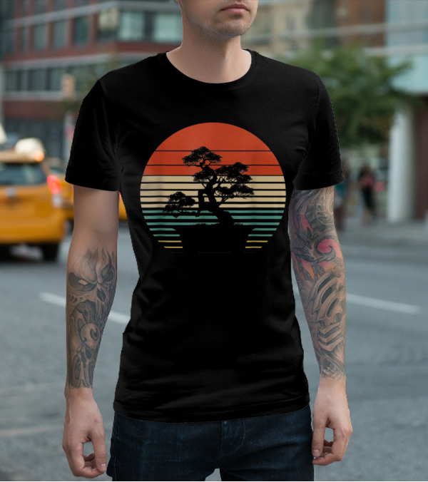 Bonsai Tree Japanese Retro Sunset T-Shirt