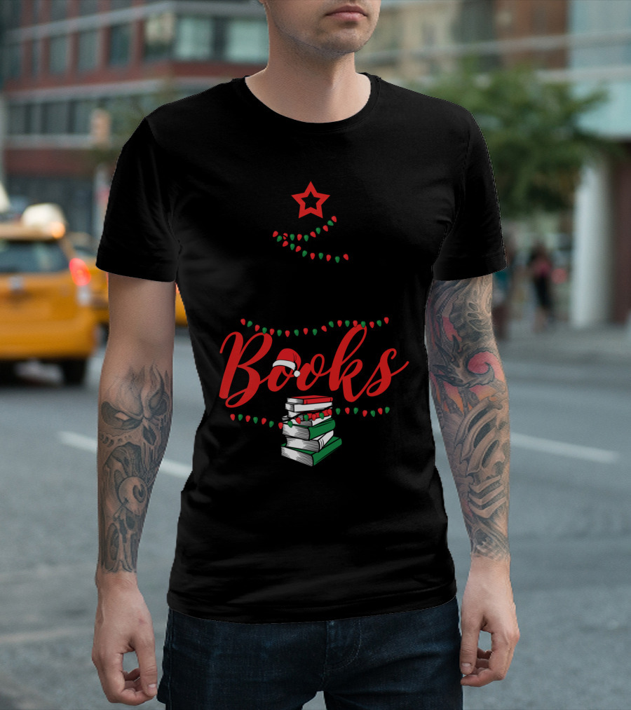 Dashing Through The Books Christmas Tree With Stack Of Books And Santa Hat T-Shirt