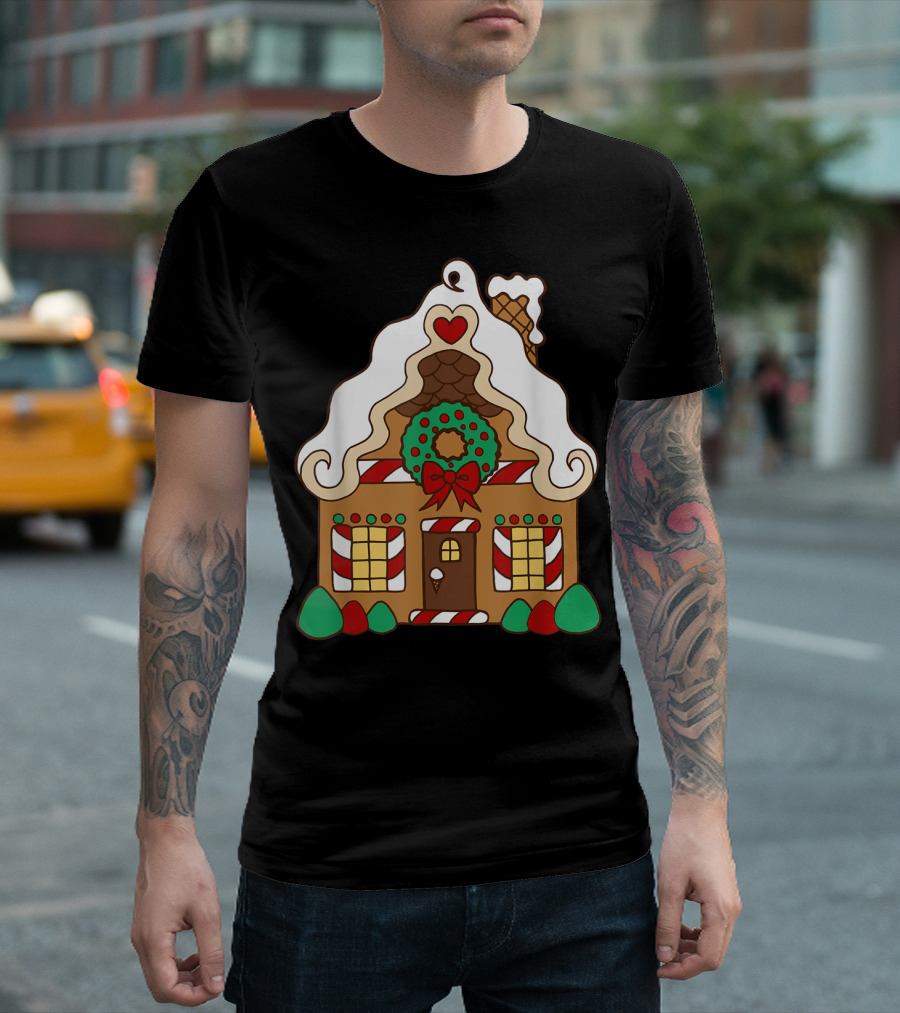 Christmas Gingerbread House with Candy Cane and Wreath T-Shirt