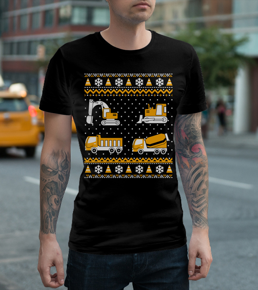 Construction Excavator Bulldozer Dump Truck Cement Mixer Snowflakes T-Shirt