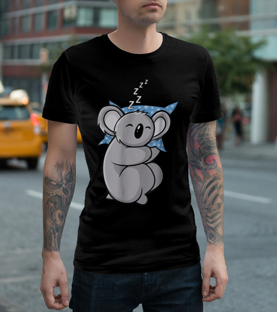 Cute Koala Bear Lazy Sleeping Animal with Blue Polka Dot Pillow T-Shirt