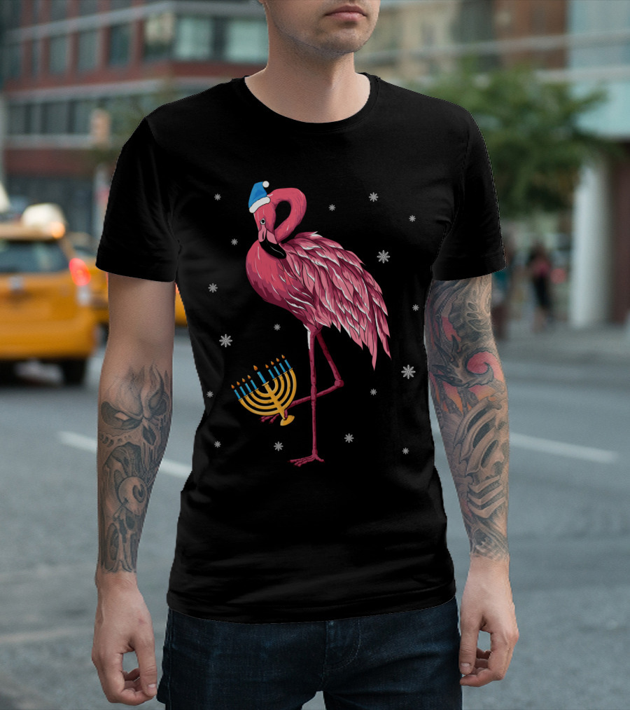 Cute Menorah Flamingo Hanukkah Chanukah with Snowflakes T-Shirt