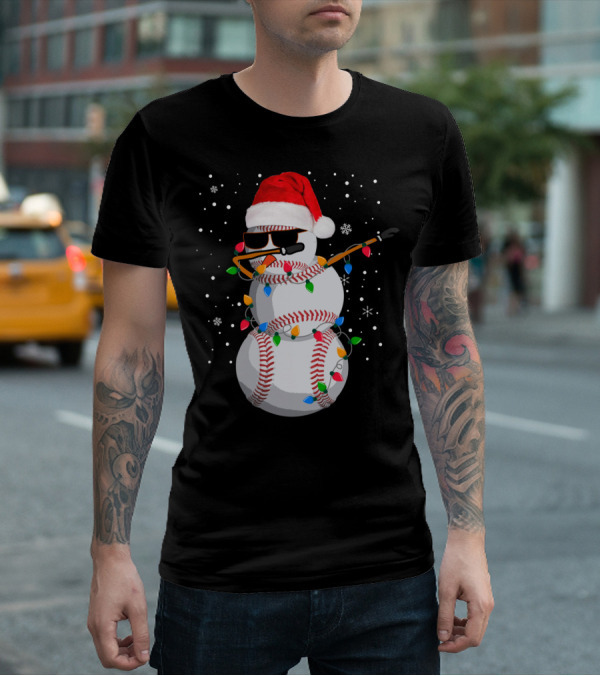 Dabbing Snowman Baseball Christmas Lights Santa Hat Sunglasses T-Shirt