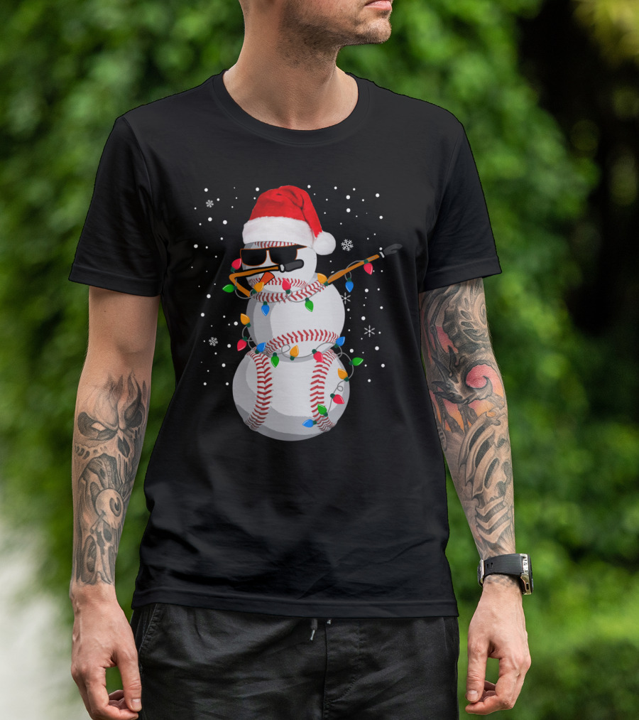 Dabbing Snowman Baseball Christmas Lights Santa Hat Sunglasses T-Shirt