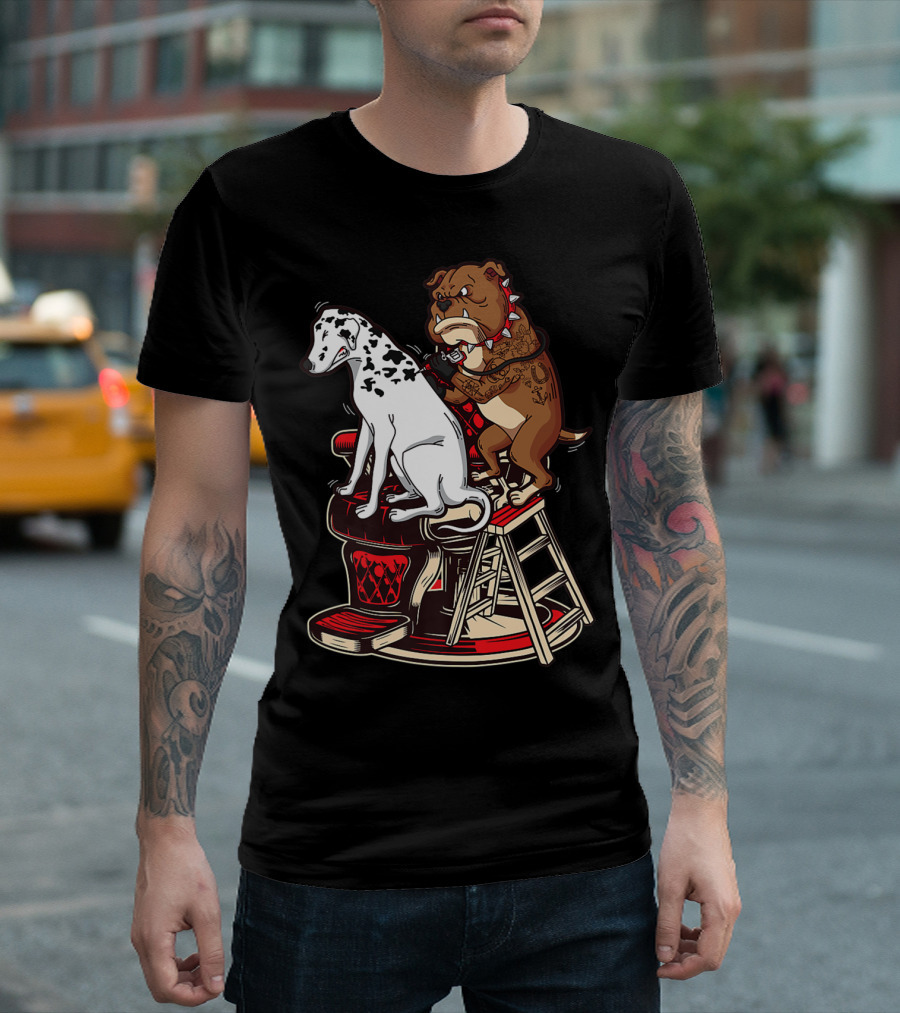 Dalmatian and Tattoo Artist Bulldog on Barber Chair T-Shirt