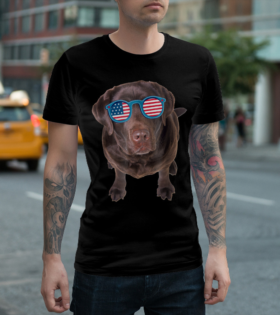 Funny Chocolate Lab Wearing American Flag Sunglasses T-Shirt