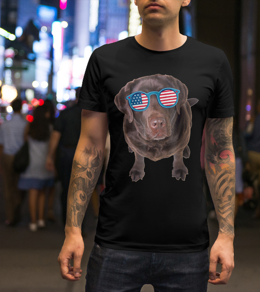 Funny Chocolate Lab Wearing American Flag Sunglasses T-Shirt