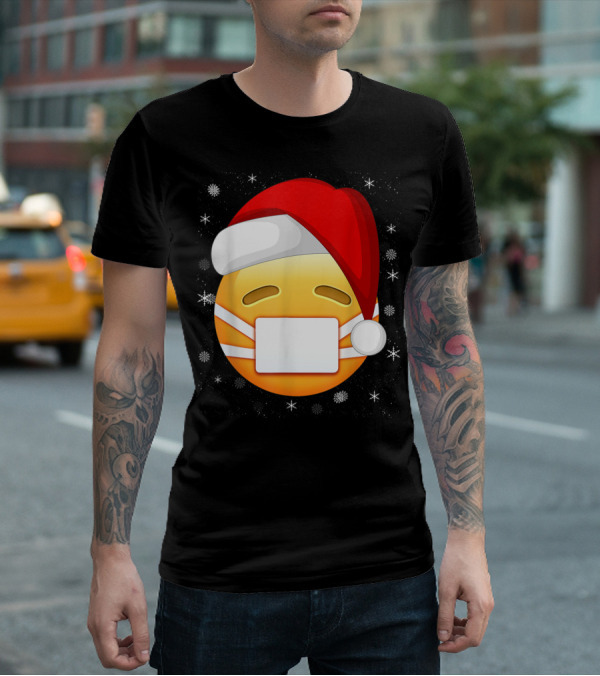 Funny Face With Medical Mask Emojis Santa Hat Snowflakes T-Shirt