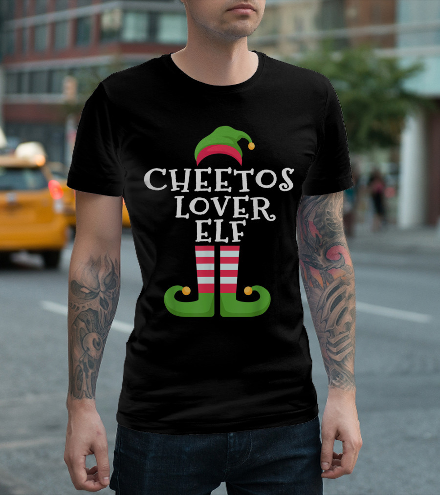 Funny Cheetos Lover Elf with Striped Elf Hat and Shoes T-Shirt