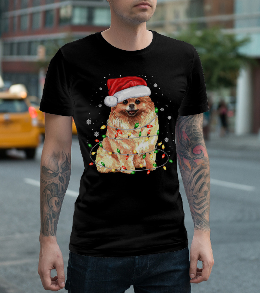 Pomeranian In Santa Hat With Christmas Lights And Snowflakes T-Shirt