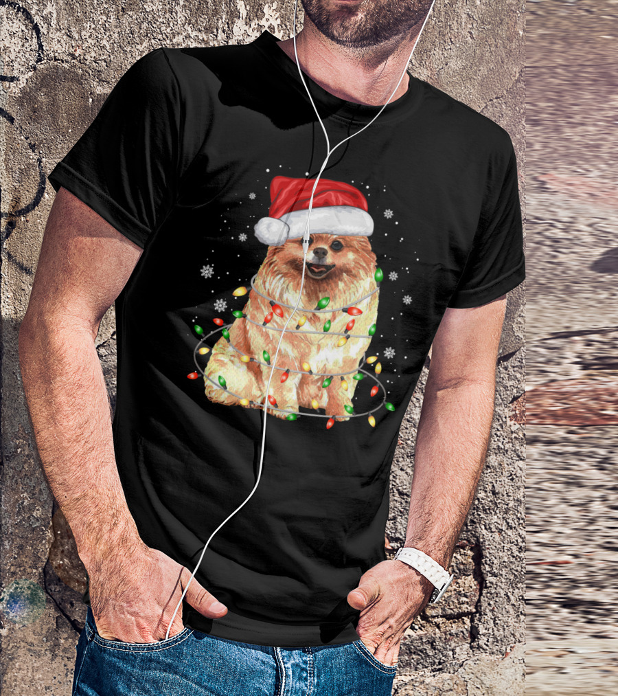 Pomeranian In Santa Hat With Christmas Lights And Snowflakes T-Shirt