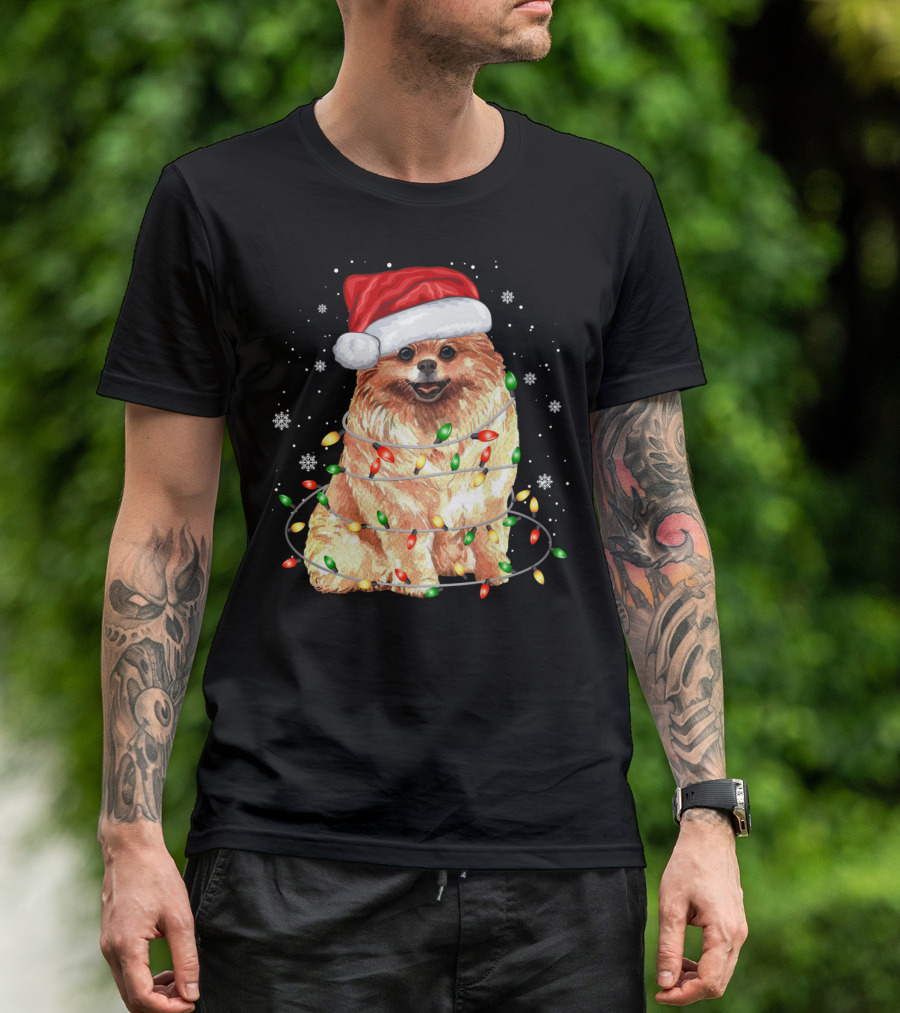 Pomeranian In Santa Hat With Christmas Lights And Snowflakes T-Shirt