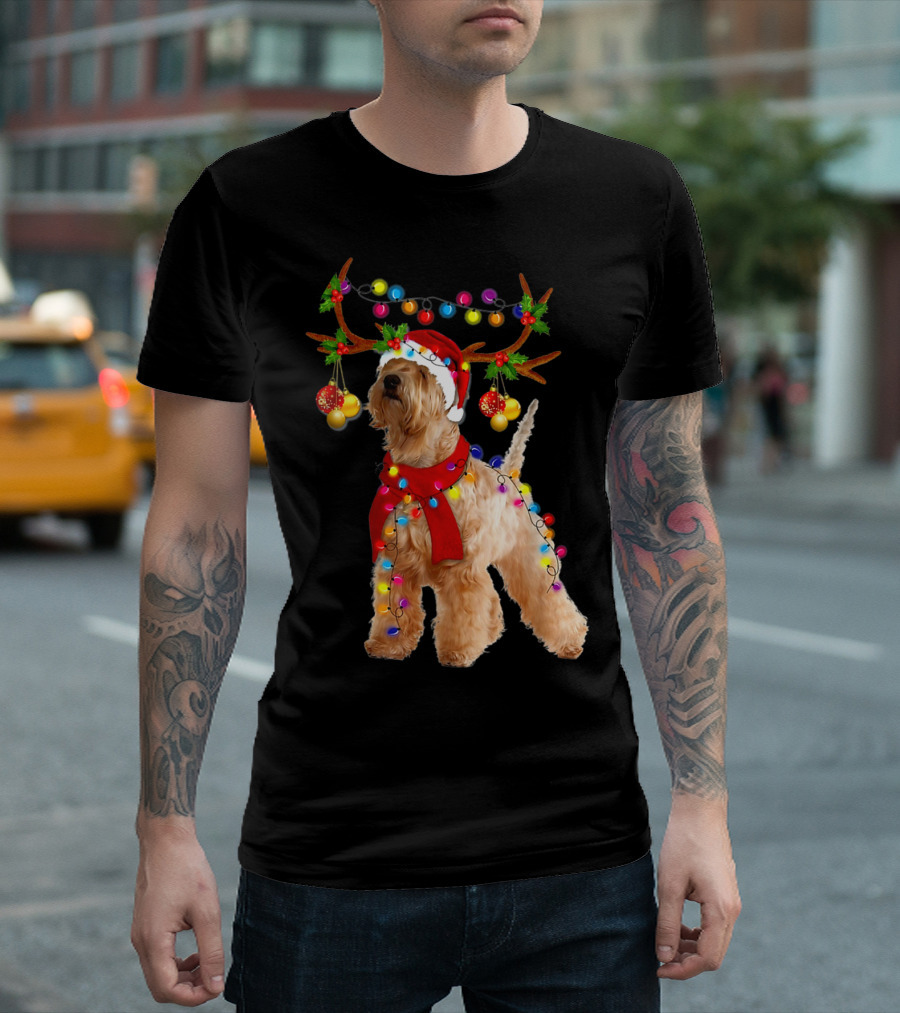 Wheaten Terrier Santa Reindeer With Festive Christmas Lights T-Shirt