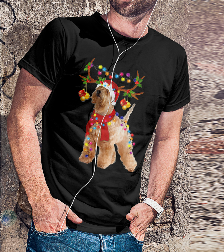 Wheaten Terrier Santa Reindeer With Festive Christmas Lights T-Shirt