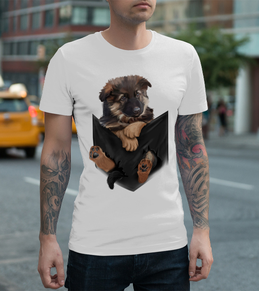 German Shepherd Puppy in Black Pocket T-Shirt