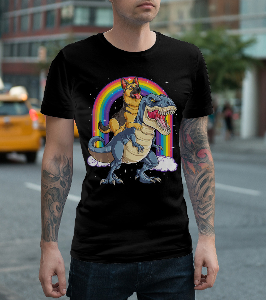 German Shepherd Riding Dinosaur Rex with Rainbow and Stars T-Shirt