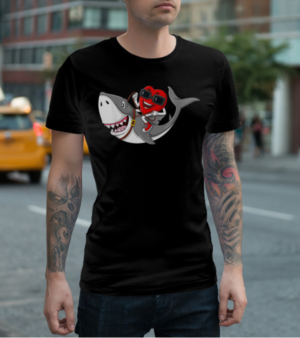 Heart Riding Shark Valentine's Day Adventure T-Shirt