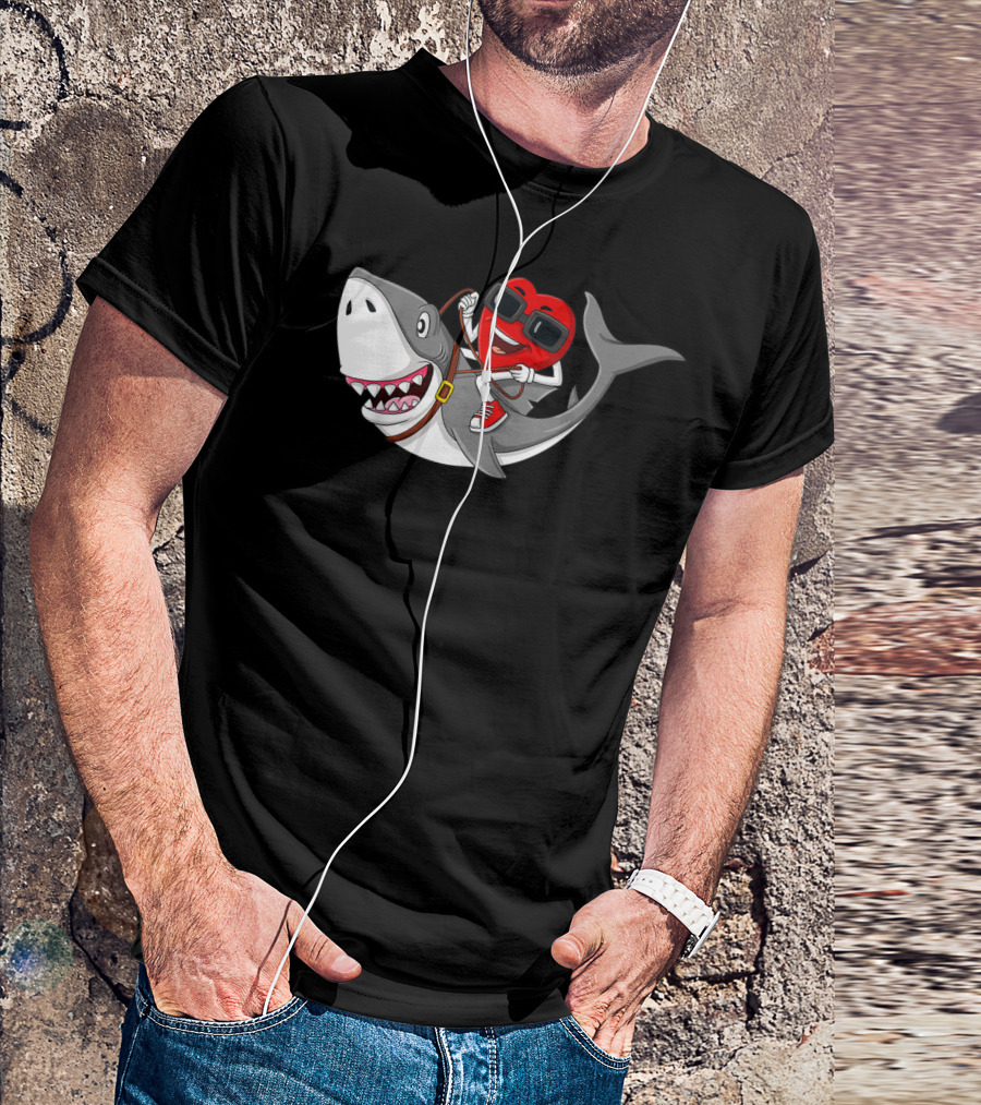 Heart Riding Shark Valentine's Day Adventure T-Shirt