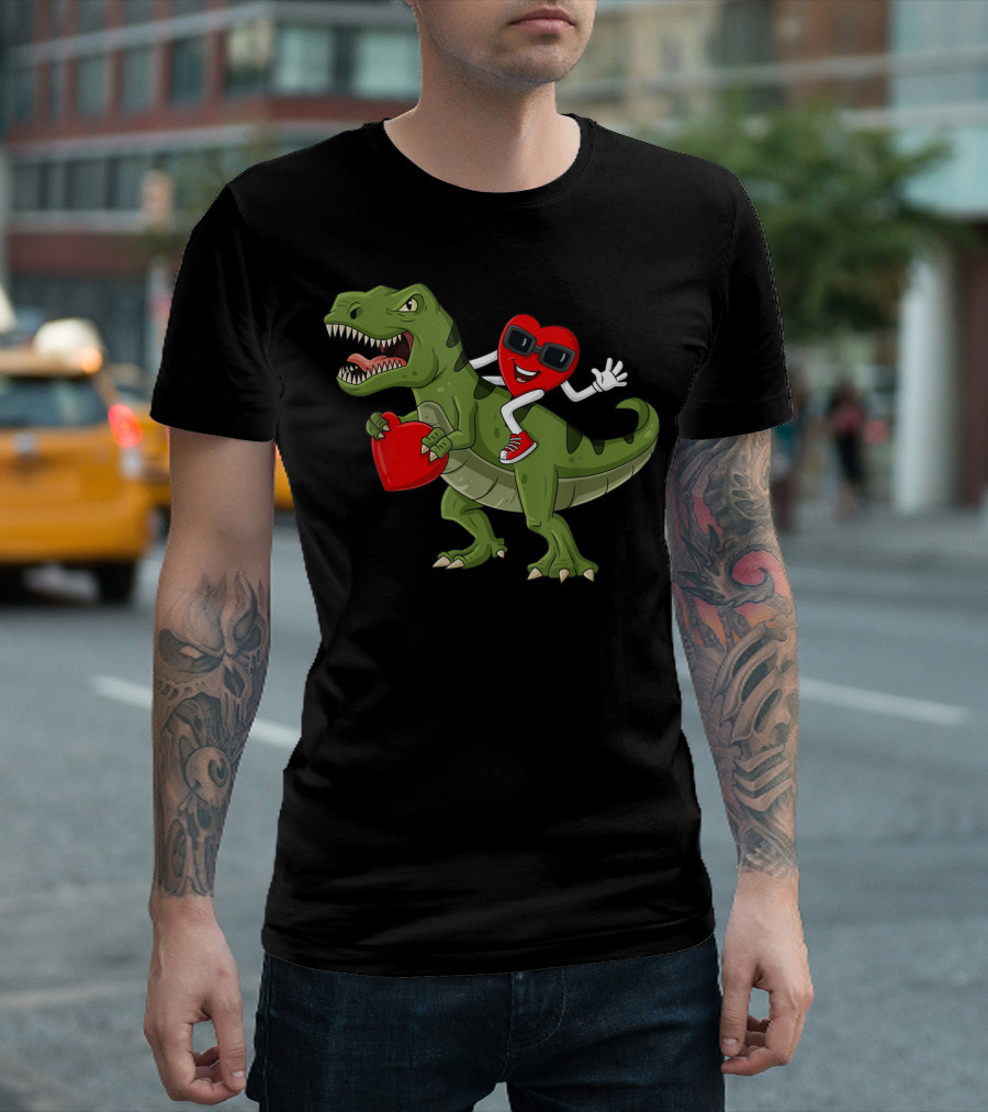 Heart Riding T-Rex Holding Valentines Day Hearts T-Shirt