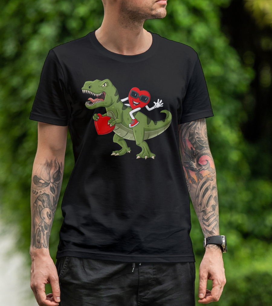 Heart Riding T-Rex Holding Valentines Day Hearts T-Shirt